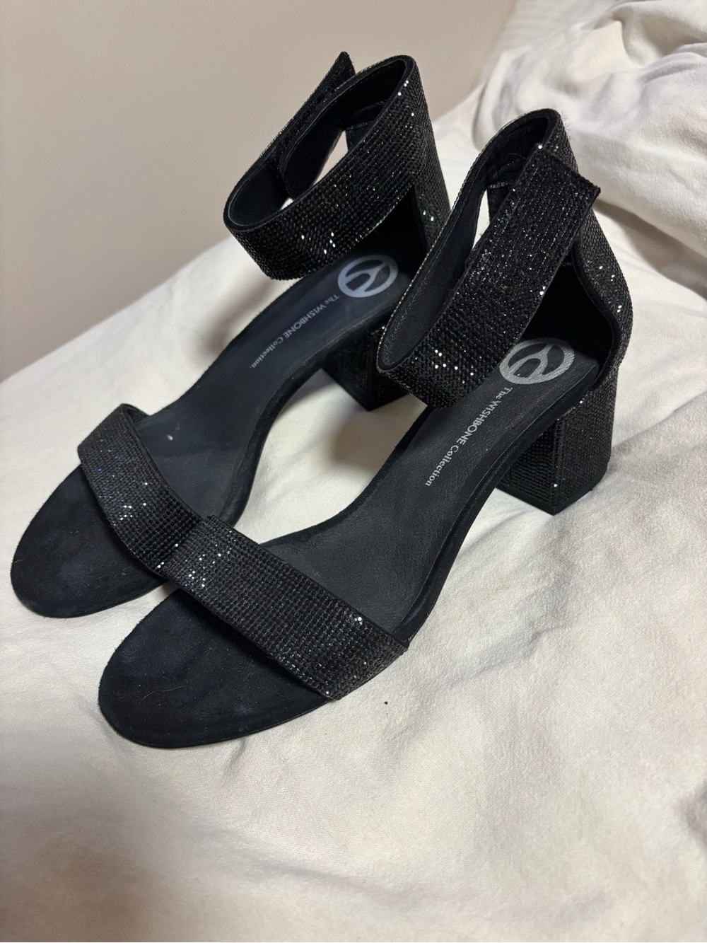 Wishbone Black Sparkle Ankle-Strap Block Heel Sandals